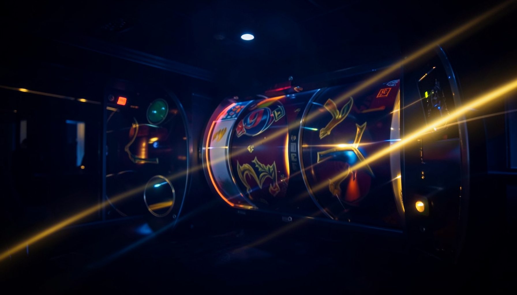 Dark atmospheric backdrop with deep navy and indigo tones, glowing golden and amber light streaks suggesting motion and energy