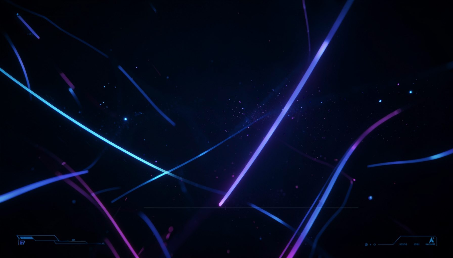 Dark atmospheric gaming backdrop with glowing neon arcs in deep blue and violet, subtle particle effects, and a sleek immersive feel